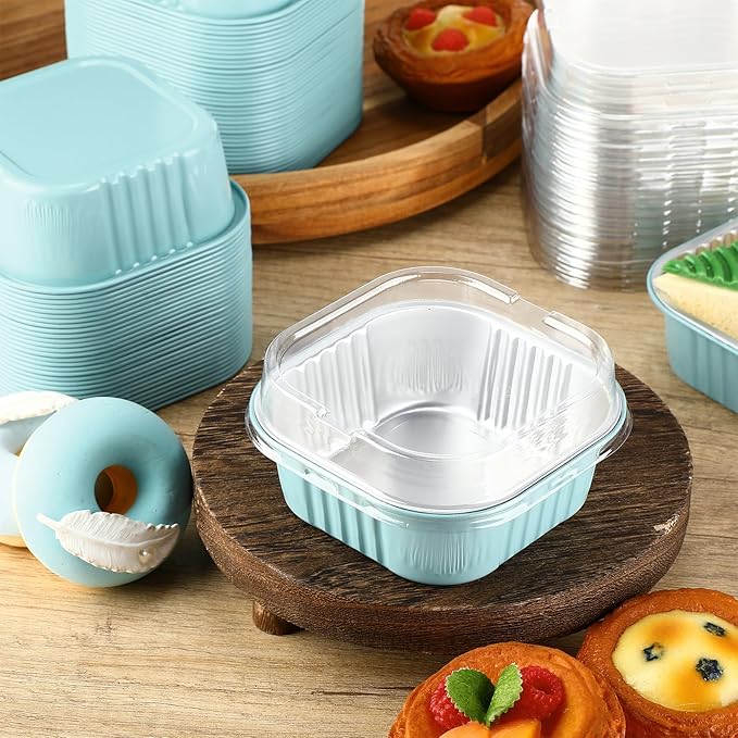 Aoriher 300 Pieces 10 oz Mini Cake Pans with Lids, Aluminum Foil Baking Cups, Square Disposable Cupcake Cups Baking Tins for Wedding Birthday Party Supplies(Light Blue)
