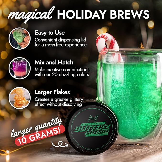 MONÉGASQUE Eden Green Edible Glitter for Drinks 10g – Edible Glitter for Cakes & Cocktails – Christmas Sprinkles for Cake – Food Coloring Spray for Cake Decorations – Cocktail Drink Shimmer Powder