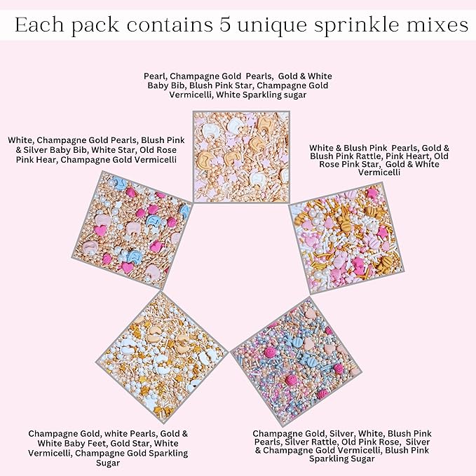 Confect Girls Baby Shower Sprinkles | Mix Gold, Rose Gold, Peach & Pink Sprinkles | Gender Reveal Sprinkles | Assorted Pack of 5 Edible Pearl Sprinkle | Vegan, Gluten-Free, Nut-Free, Soy-Free, Dairy-Free, Palm Oil-Free - 5 Oz