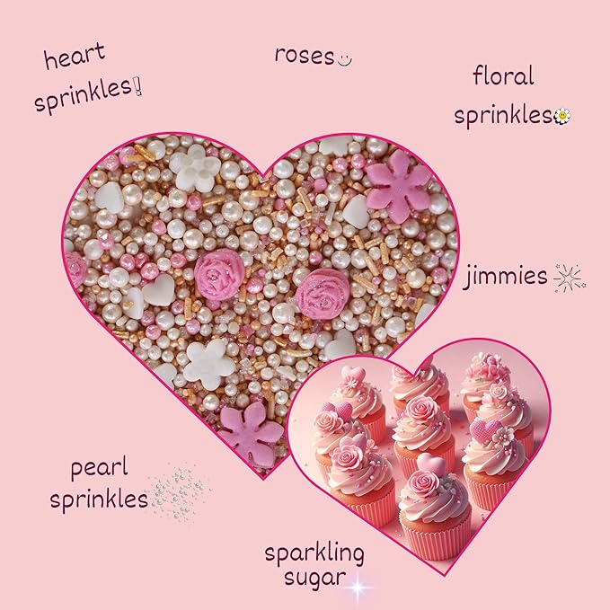 Confect Pink and White Rose Sprinkles Mix with Pearl Decorations – Edible Cake Topping for Cupcakes, Cookies, Desserts – Celebration Baking Decoration – Vegan, Gluten-Free, Nut-Free, Soy-Free, Dairy-Free , Handcrafted Sprinkle – 4.2 Oz
