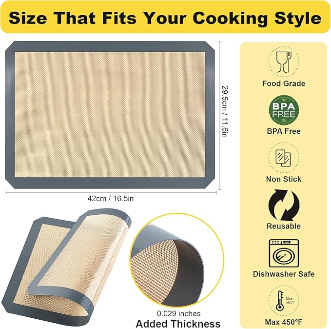Silicone Baking Mat, 2 Pac 16.5"L x 11.6"W Silicone Cookie Sheets Reusable Baking Mat - Non-Stick Food Safe Dark Gray Oven Baking Sheet for Making Cookies Macaroons Bread