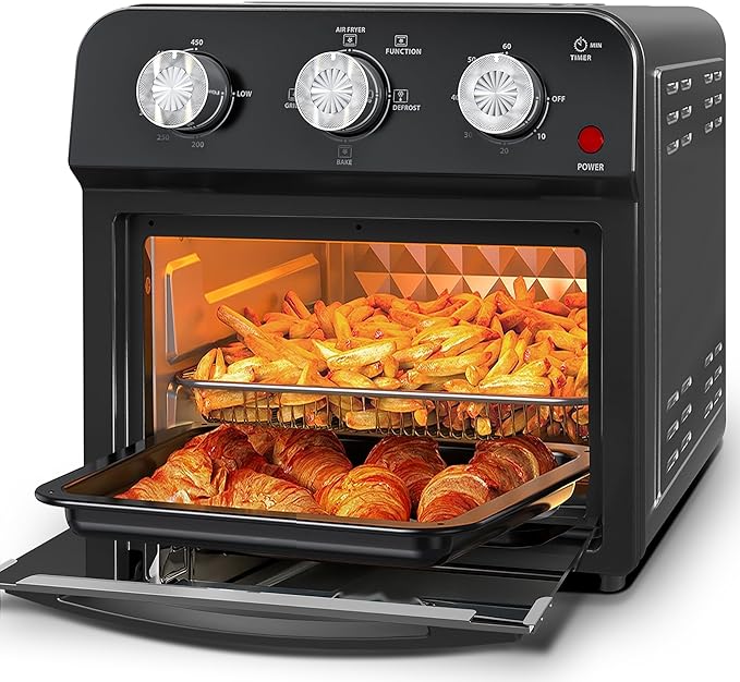 PlumChef 13 Quart 4 Slices Air Fryer Convection Toaster Oven, 1500W, Multifunction Oven for Air Fryer, Gril, Defrost, Bake, Time and Temperature Controls(Black)