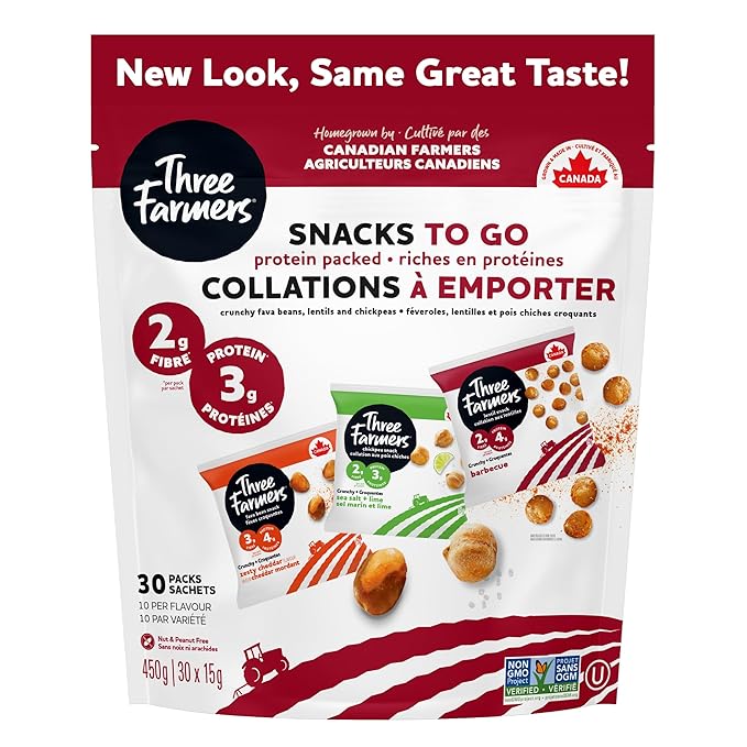 Three Farmers Healthy Variety Snack Packs - Roasted, Never Fried - Protein Rich Zesty Fava, Tangy Chickpeas, BBQ Lentils x 30 Pack - Gluten-Free, Low Calorie, High Fiber, Non-GMO