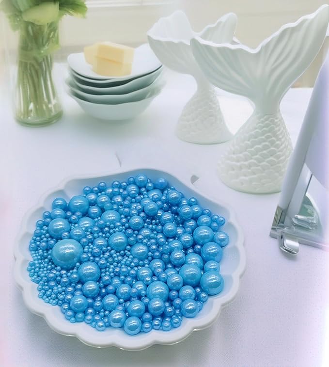 Edible Blue Sugar Pearls Sprinkles Candy Mix Size Pearls Cake Decorations Cupcake Toppers Cookie Decorating Perfect for Wedding Party Valentine Halloween Christmas Supplies 4.58OZ