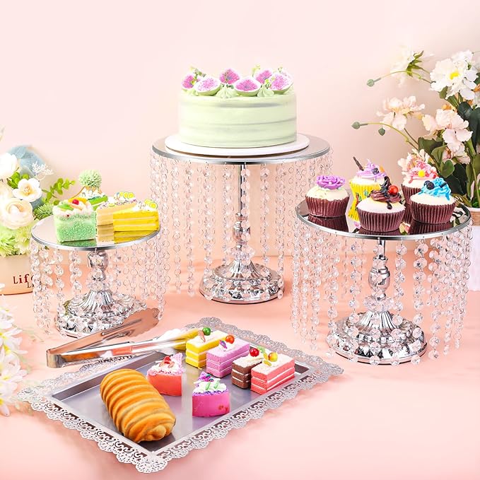 12 Pieces Silver Cake Stand Set, Vintage Cake Display Stand with Crystal Edge and Cupcake Display Tray, Dessert Table Display Set for Wedding Party Baby Shower Anniversary Celebration
