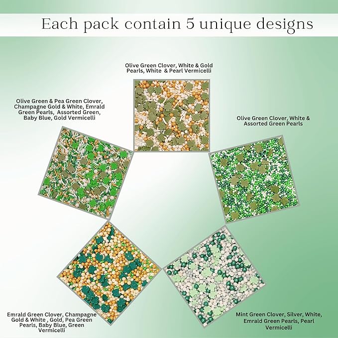 Confect St. Patricks Green ,White and Gold Pearl, Vermicelli Edible Sprinkles for Baking & Cake Decorative | Cookie Sprinkles mix Pack of 5 | Vegan, Gluten-Free, Nut-Free, Soy-Free, Dairy-Free, Palm Oil-Free - 5 Oz