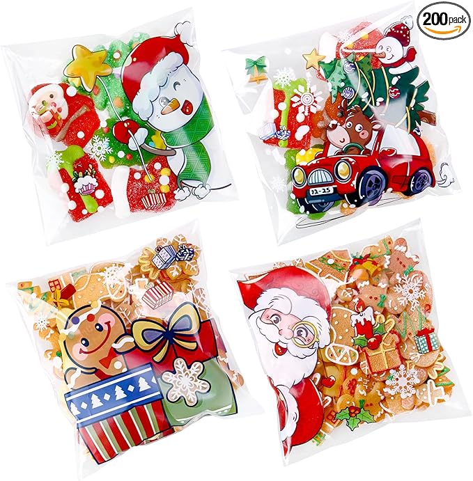 Christmas Cellophane Bags Biscuit Roasting Treat Bags Individual Wrappers Self Adhesive OPP Cookie Bakery Present Gift DIY Candy Decorating Favor Bags (4x4 Inch, 200Pcs)