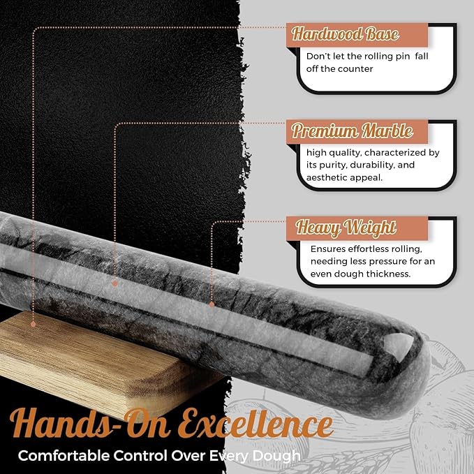 Flexzion Dowel Rolling Pin, 11-inch Black Marble with Wooden Holder Base Stand, Marble Rolling Pin for Baking Pastry Pizza Dough Roller Fondant Cookie Pie Crust Pasta Bakery Roller Pin