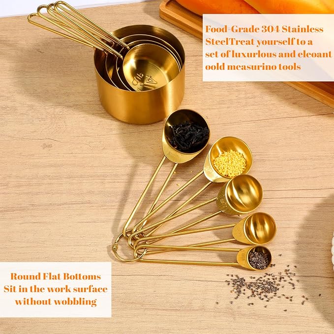 9 Pcs Golden Stainless Steel Measuring Cups and Spoons Set, Stackable & Long Handle, Premium Metal Measuring Cups and Stainless Steel Measuring Spoons Set for Liquid & Dry Ingredients Baking Cooking