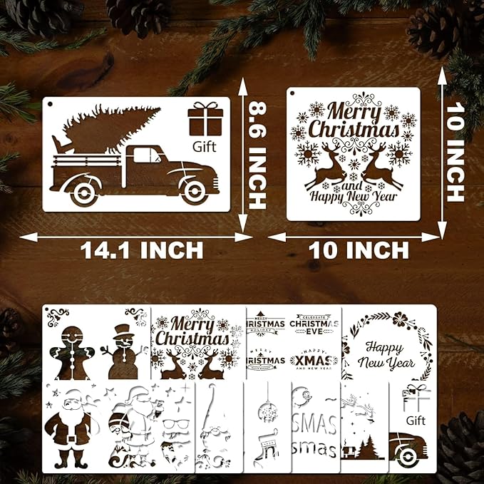 YKW 10 Pcs Large Christmas Stencils Set - Reusable 14.1x8.6 Inch Holiday Templates for Painting on Wood and DIY Decor - Snowman, Tree, Reindeer Designs - Craft Kit for Adults - Festive Art Supplies