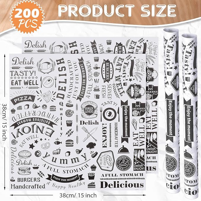 200 Pcs Deli Wax Paper Sheets 15 x 15 Inch Large Newsprint Sandwich Paper Wraps Greaseproof Food Basket Liners Newspaper Wrapping Square for Halloween Christmas Burger Bread BBQ Picnic (White Black)