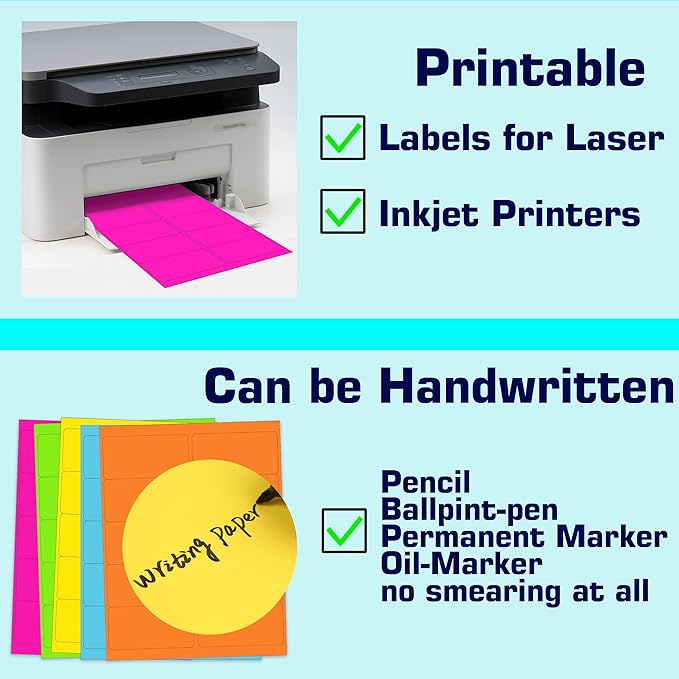 2" x 4" Colored Labels Stickers 5 Colors Bright Moving Stickers for Boxs 20 Sheets Printable Address Label for Laser/Inkjet Printer, Permanent Adhesive(200 PCS)