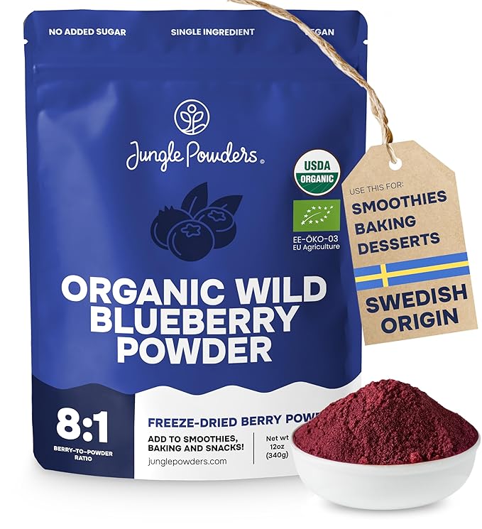 Jungle Powders Wild Blueberry Powder Organic 12 Ounce Bag USDA Certified - Antioxidant Rich Smoothies Freeze Dried Blueberries Organic Blueberry Extract for Baking from Whole Dried Blueberries