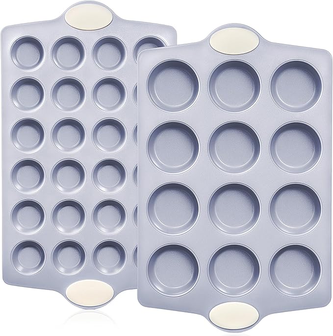 BRONYPRO 2-Pack 12 Cup and Mini 24 Cup Non Toxic Nonstick Ceramic Muffin Pan & Cupcake Tin, PFOA & PTFE Free, Heavy Duty Rust-Resistant Aluminized Steel, Oven & Dishwasher Safe, Cream White