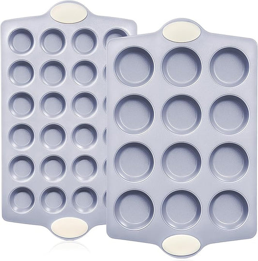 BRONYPRO 2-Pack 12 Cup and Mini 24 Cup Non Toxic Nonstick Ceramic Muffin Pan & Cupcake Tin, PFOA & PTFE Free, Heavy Duty Rust-Resistant Aluminized Steel, Oven & Dishwasher Safe, Cream White