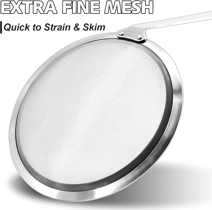 Anaeat 4" Stainless Steel Fat Skimmer Spoon - Professional Kitchen Fine Mesh Food Strainer and Hot Pot Skimmer with Long Handle for Skimming, Cooking, Frying, Grease, Gravy and Foam Diameter