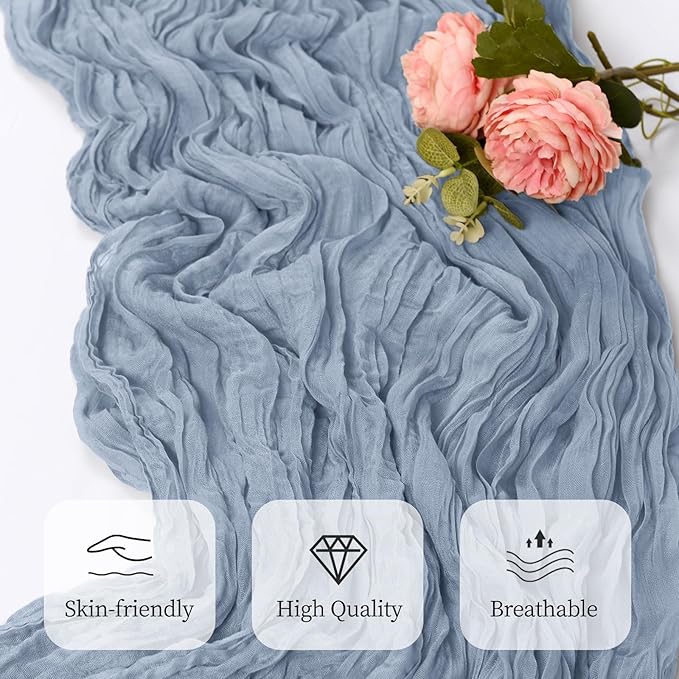6 Pack Dusty Blue Cheesecloth Table Runner 17x108 Inch Semi Sheer Boho Gauze Cheese Cloth Fabric Table Runners, for Wedding Party Baby Shower Birthday Home Decor Garden Farmhouse