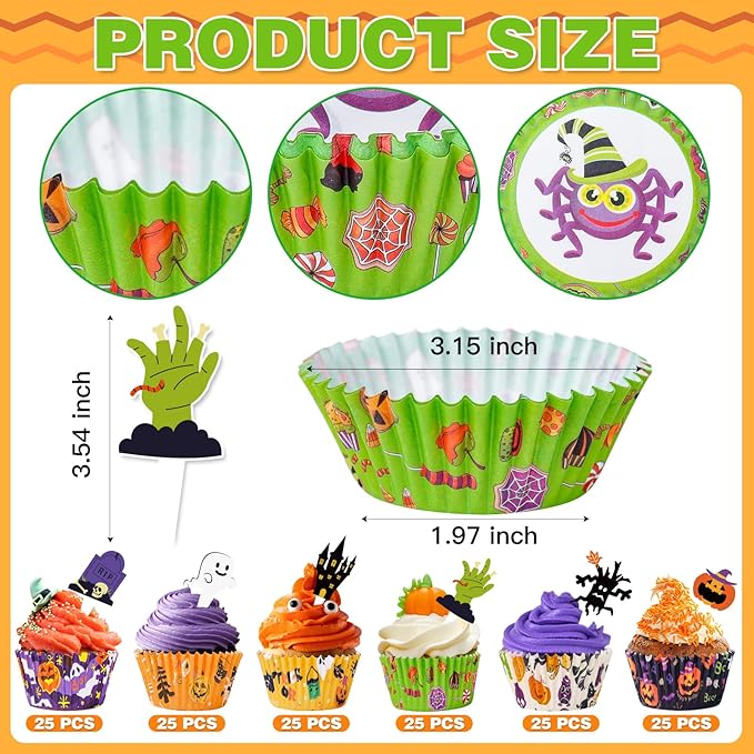 Halloween Cupcake Liners with Toppers Picks, Standard Wrappers Cupcake Disposable Baking Cups Muffin Liners for Halloween Party Decorations Supplies (150 Liners & 150 Toppers)