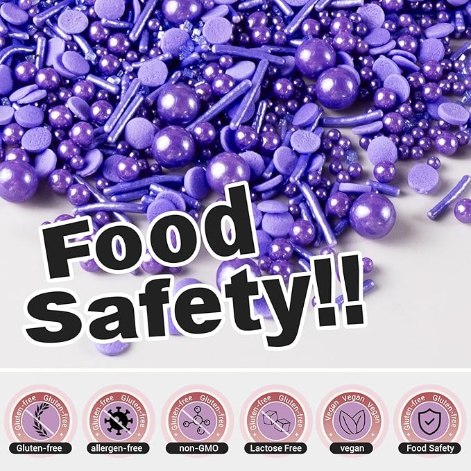 HUEBEATY 6-in-1 Purple Edible Pearls Sprinkles, Sanding Sugar for Cake Decorating, Cupcakes, Cookies & Ice Cream - 180g, Edible Mardi Gras, Halloween & Mermaid Purple Cake Sprinkles and Decorations