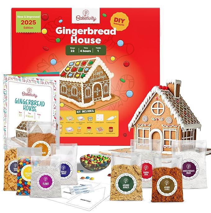 Baketivity Baking Kit Holiday Gingerbread House Kit - Bake And Build Edible Gingerbread House - Create a Treat Gingerbread House Kit - Kids Baking Set With Materials And Premeasured Ingredients
