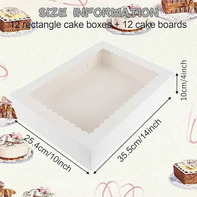 12 Sets 14x10x4in White Bakery Boxes Half Sheet Cake Boxes with Board, Large Treat Boxes for Pastry Baking Cake Donuts Cupcake Pie Packaging
