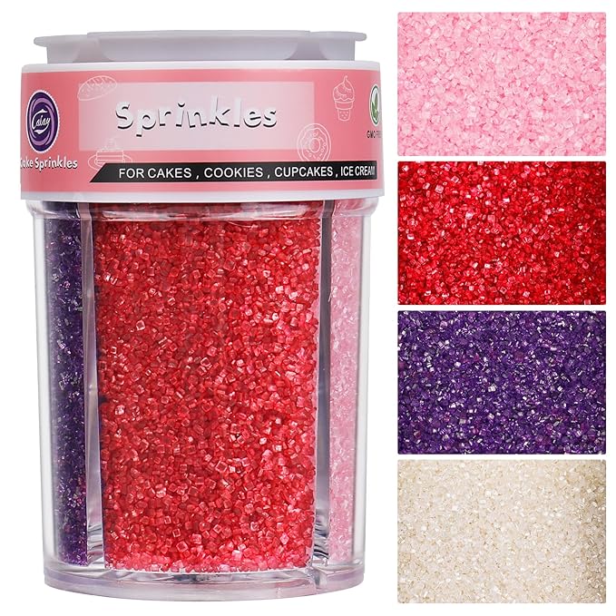 Sanding Sugar Valentines Sprinkles for Cake Decorating, 4 Colors Sparkling Purple Pink Red and White Decorating Coarse Sugar Crystals Sprinkles for Cake Cupcakes Cookie Ice Cream Baking Topping