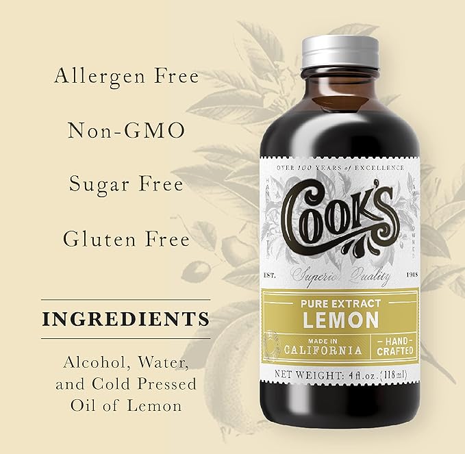 Cook's Pure Lemon Extract, Premium Quality, Cold Pressed Lemon, Sugar Free, Gluten Free, Allergen Free, 4 oz