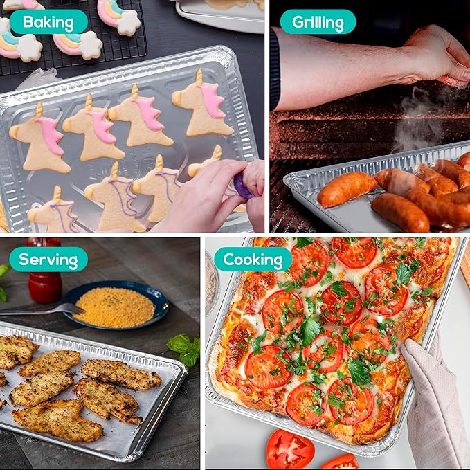PLASTICPRO Aluminum Pans 5 Pack Disposable Cookie Sheets 13 x 17 Baking Pans Premium Quality Heavy Duty Sheet Pans