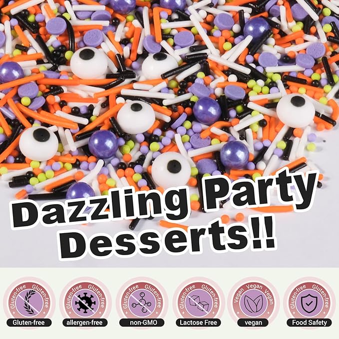 HUEBEATY 6-in-1 Halloween Spooky Sprinkles Edible – 180g Eyeball Candy, Nonpareils, Jimmies, Black and Orange Sugar Sprinkles for Cupcakes, Cookies, Cakes Baking and Decorating – Halloween Edible Topper Decorations