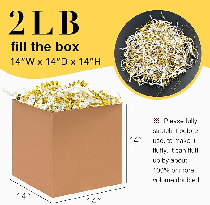 2LB Crinkle Paper Shred Filler for Bag Gift Box Basket Paper Shreded Stuffing Decoration in Party (White & Gold)
