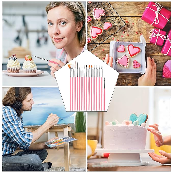 15pcs Cake Painting Brushes, Cake Decorating Brushes Kit Food Safe Paint Brush Tools,Fondant Sugar Cookie Painting Brushes Supplies for Cookie Cake Decoration (Pink)