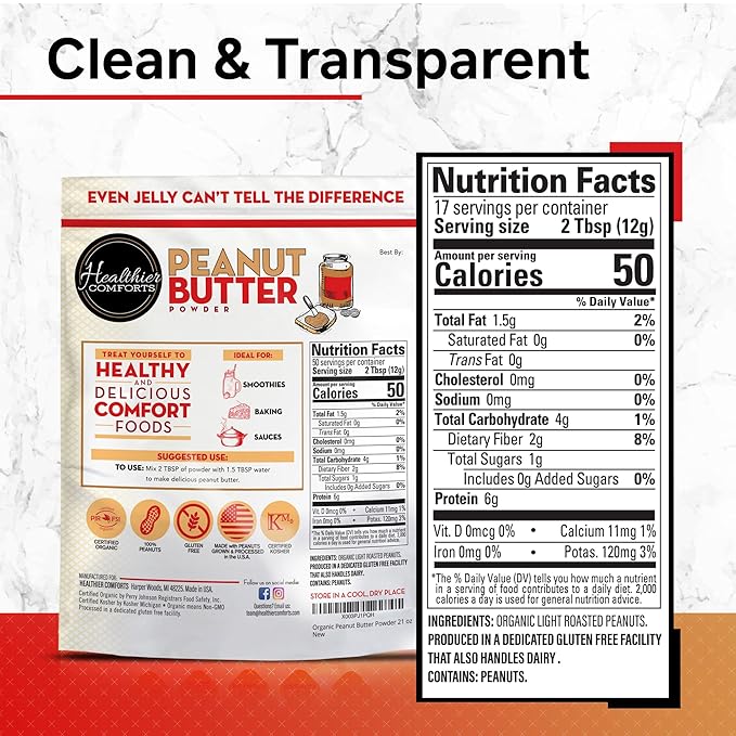 Healthier Comforts Organic Peanut Butter Powder | USA Grown and Processed | Gluten Free, Vegan, Kosher, Keto-Friendly | No Added Sugars, Low Sodium | Perfect For Protein Powder Shakes, Smoothies and Baking (21 oz)