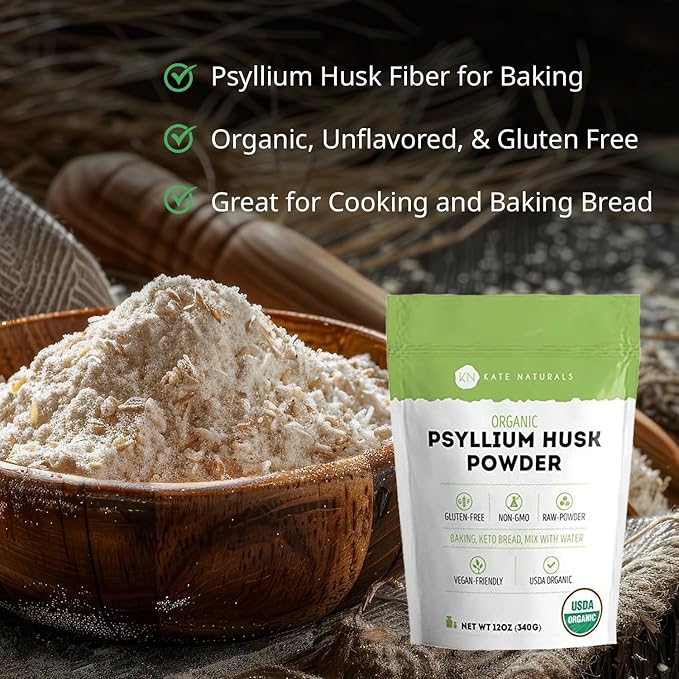 Kate Naturals Psyllium Husk Powder for Fiber, Digestion & Baking Bread. Mixes Easily with Juice & Smoothies (12oz, Organic, Gluten Free, Fine Ground)