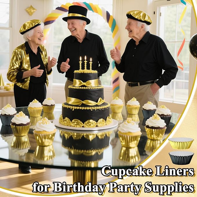 200PCS Black and Gold Cupcake Liners Mini Muffin Baking Cups Wrappers for Retirement Birthday Party Supplies Disposable Cupcake Papers for Black Golden Masquerade Party Decorations