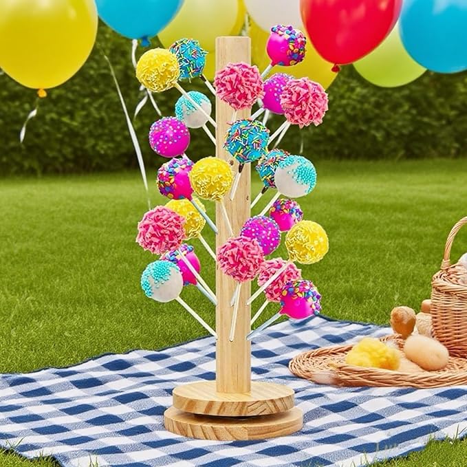 Wooden Cake Pop Stand with Spinning Base, 48-Hole Dessert Display Holder for Candy Buffet Table, Birthday Wedding Baby Shower Party Anniversary Decor (1 Pack)