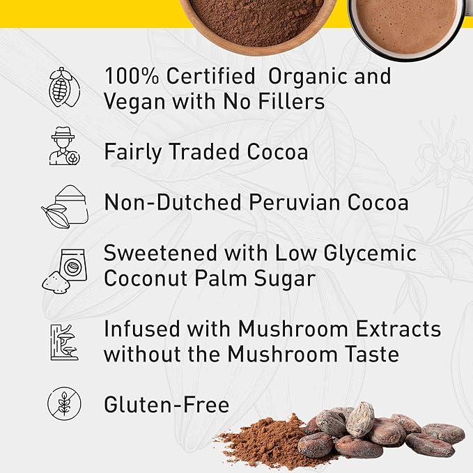 Enerhealth Botanicals Cocoa Mojo – Certified Organic Hot Chocolate Peruvian Cocoa Mix, Sweetened with Low Glycemic Coconut Palm Sugar and Infused with 6 Mushroom Extracts to Boost Immunity – 16 oz