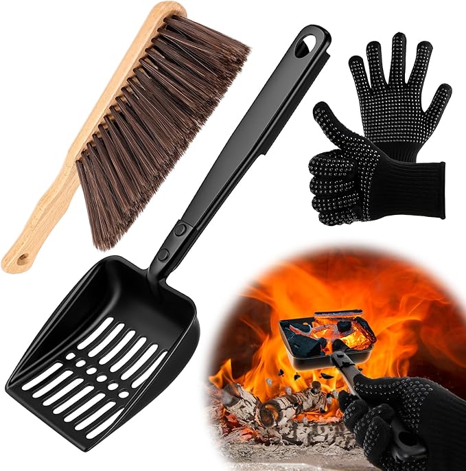 3 Pcs Fireplace Ash Sifter Oven Shovel Hollow Out Ember Recovery Tool Shovel Heat Resistant Silicone Glove Brush Scoop Charcoal (Innovative Model,Iron)
