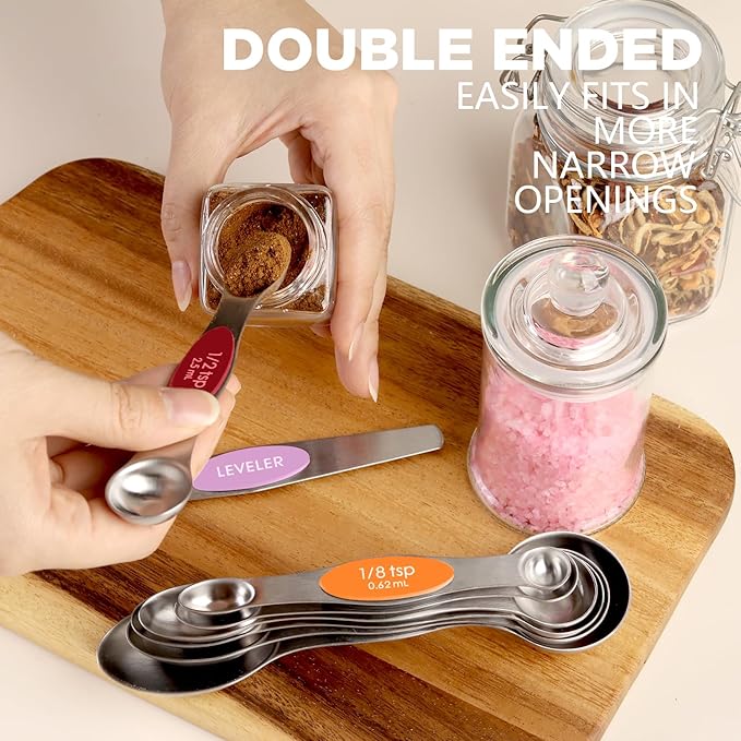 Pack of 8 Stainless Steel Magnetic Measuring Spoons Set, Dual Sided, Stackable, Adjustable Teaspoon and Tablespoon Measure Spoon with Leveler, Kitchen Gadgets