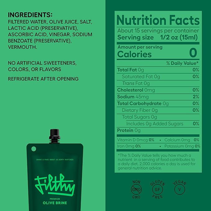 Filthy Olive Brine, Premium Cocktail Mixer, Filtered for Dirty Martinis, Olive Juice for Cocktails, Made from Naturally Cured Olives, Non-GMO, Gluten Free, 8 Oz Pouch, 6 Pack