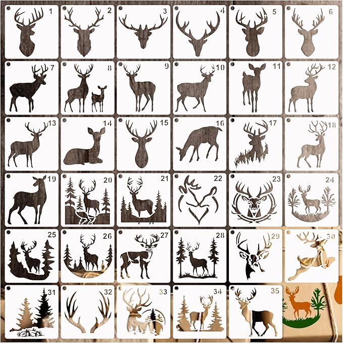 35 Pack Deer Stencils for Painting on Wood, Pine Tree Stencils Deer Head Antlers Stencil Forest Animal Template for DIY Craft Wall Fabric Rock Chalkboard Sign School Art Scrapbook Projects (Deer)