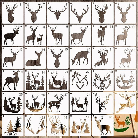 35 Pack Deer Stencils for Painting on Wood, Pine Tree Stencils Deer Head Antlers Stencil Forest Animal Template for DIY Craft Wall Fabric Rock Chalkboard Sign School Art Scrapbook Projects (Deer)