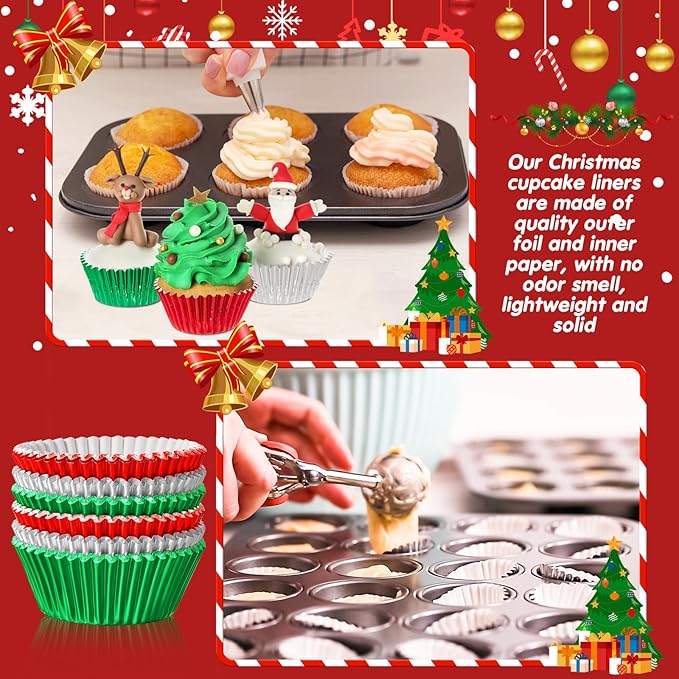 Mumufy 300 Count Christmas Foil Cupcake Liners 2 Inch Cupcake Wrappers Paper Bake Cup Set Foil Muffin Liners for Independence Day Christmas Party Supplies(Green, Red, Sliver)