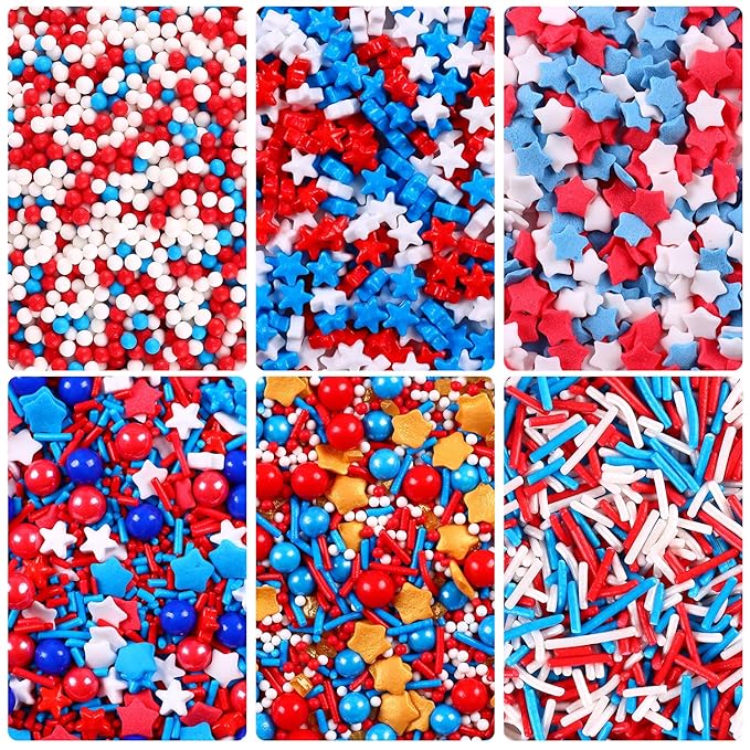 Edible Patriotic Sprinkles Nonpareils Red White and Blue 4th of July for Cake Decorating Baking, Ice Cream, Cookies, Cupcake Topper (6 Packs)