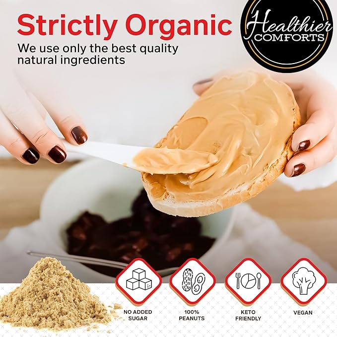 Healthier Comforts Organic Peanut Butter Powder | USA Grown and Processed | Gluten Free, Vegan, Kosher, Keto-Friendly | No Added Sugars, Low Sodium | Perfect For Protein Powder Shakes, Smoothies and Baking (7 oz)