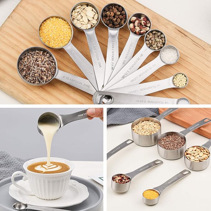 Measuring Cups and Spoons Set, 7 Stainless Steel Measuring Cups and 8 Measuring Spoons and 1 Measurer Ingredient Leveler and 1Magnetic Conversion Chart and 2 Rings(19pcs)