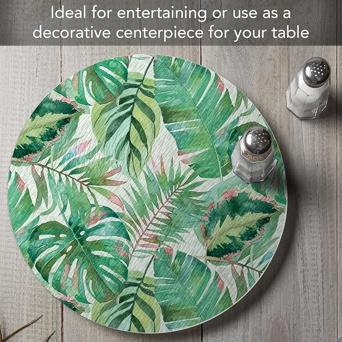 CounterArt Jungle Leaves 4mm Tempered Glass Lazy Susan Turntable 13" Diameter Condiment Caddy Cake Plate Pizza Server