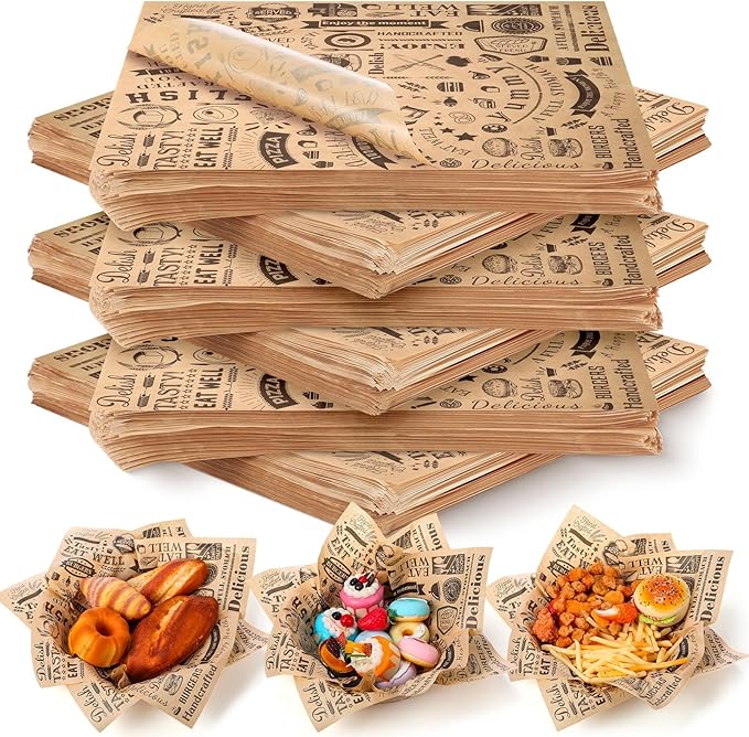 400 Pcs Deli Wax Paper Sheets 15 x 15 Inch Large Newsprint Sandwich Paper Wraps Greaseproof Food Basket Liners Newspaper Wrapping Square for Halloween Christmas Burger Bread BBQ Picnic (Brown Black)