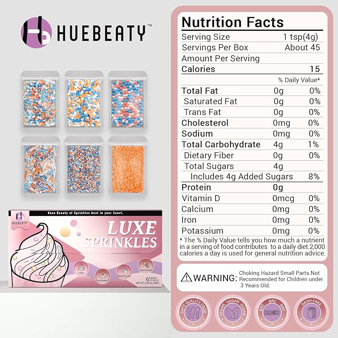 HUEBEATY 6-in-1 Sprinkles for Cake Decorating – 180g Blue and Orange Sprinkles Mix with Jimmies, Nonpareils, Stars, Pearls & Sugar Crystal – Edible Cakes, Cupcakes, Cookies & Ice Cream Topper Decorations for Birthday Parties