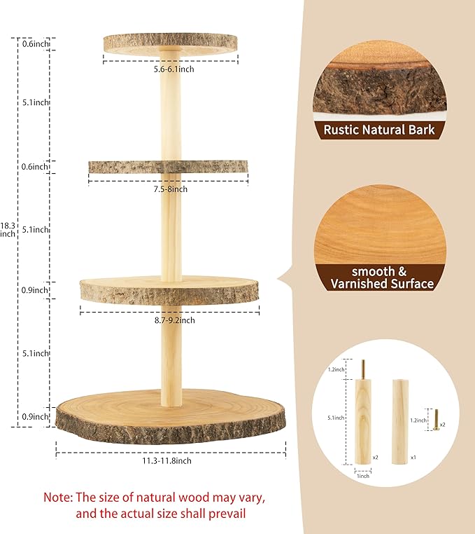 Gusnilo Wooden 4-Tier Rustic Cupcake Stand for Wedding Cakes, Tiered Dessert Tower Display Centerpiece for Parties, Events & Celebrations