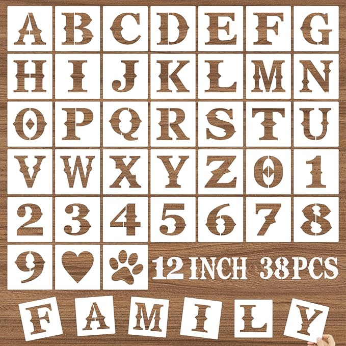 12 Inch Letter Stencils and Numbers, 38 Pcs Alphabet DIY Craft Stencils, Reusable Plastic Drawing Templates for Painting on Wood, Wall, Fabric, Rock, Floor, Signage, Door Porch